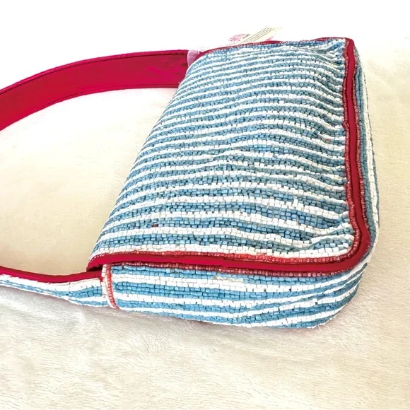 Viral Beaded Light Blue & White Striped Lobster Bag w/ Beaded Lobster Bag Charm - Picture 8 of 15